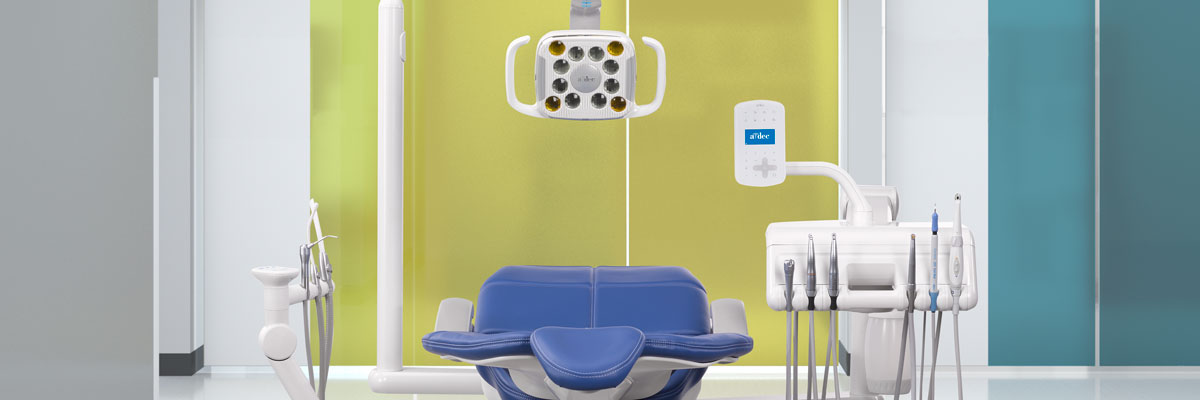 A-dec dental chair with campfire upholstery in dental operatory
